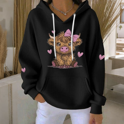 Women's Cute Heart Highland Cow Print Long Sleeve Casual Hoodie artswardrobe