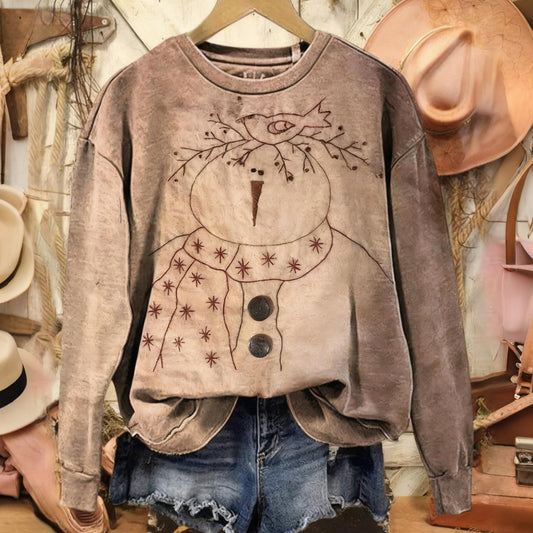 Comstylish Retro Christmas Snowman And Bird Art Print Casual Sweatshirt