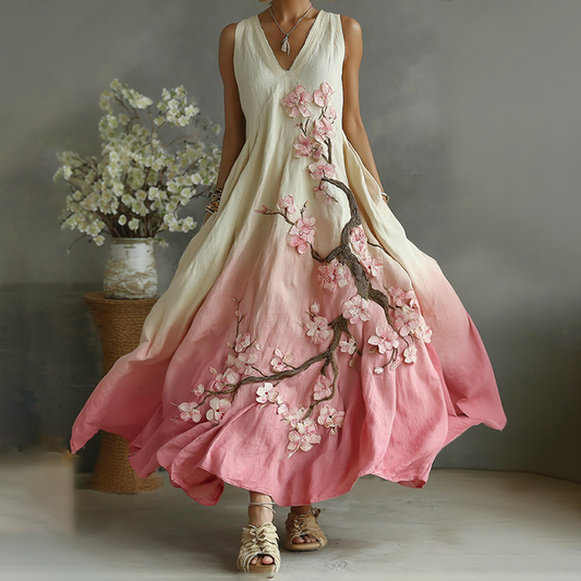 Vintage Cherry Blossoms Embroidered Pattern Linen V Neck Long Dress artswardrobe