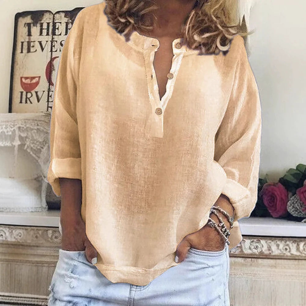 Comstylish Women's Retro Button V Neck Cotton Linen Comfy Shirt
