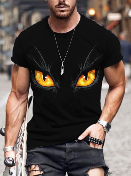 Cool Black Cat Eyes Print Short Sleeve Black T-Shirt elevenforest