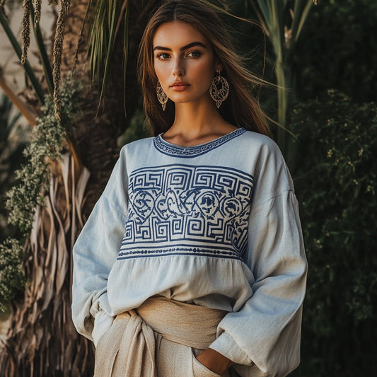 Vintage Greek Key Motif Cretan Embroidery Linen Blend V-neck T-shirt artswardrobe