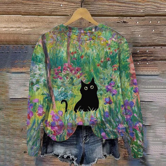 Women's Animal Forest Cat Graphic Print Comfortable Sweatshirt elevenforest