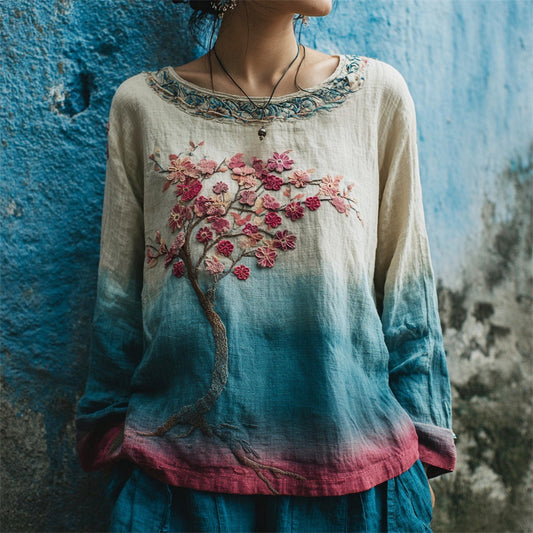Vintage Plum Flower Embroidery Women's Linen Long Sleeve Shirt artswardrobe
