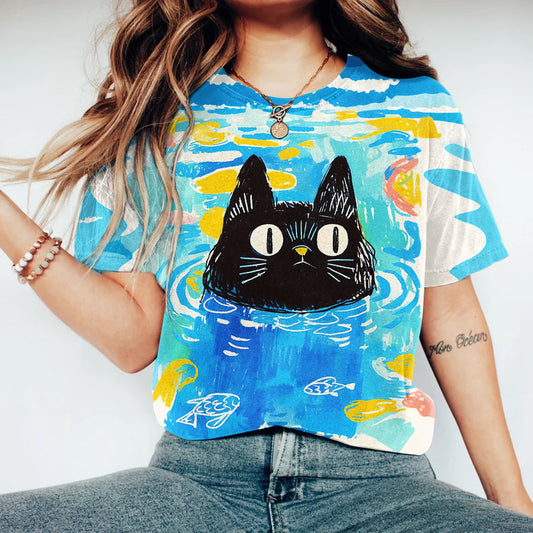 Comstylish Women's Funny Cat Art Print Crew Neck Short Sleeve T-shirt