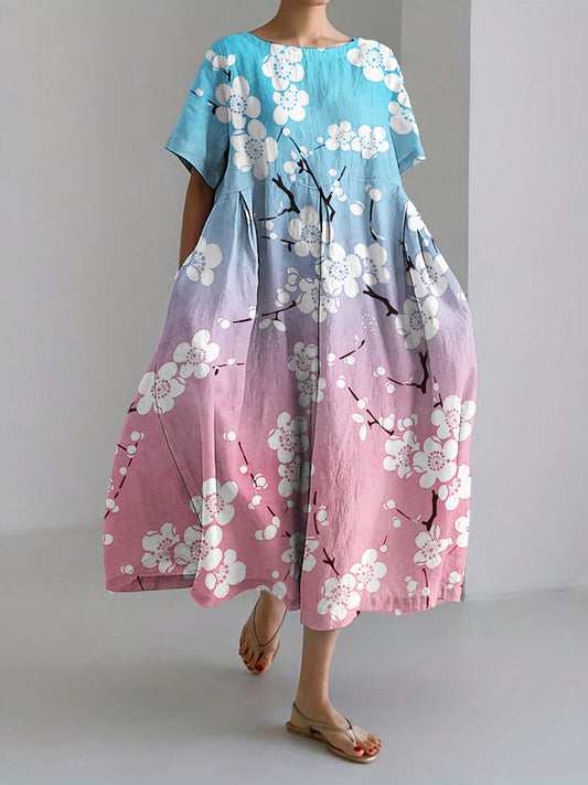 Comstylish Japanese Plum Blossom Trans Flag Inspired Gradient Linen Maxi Dress