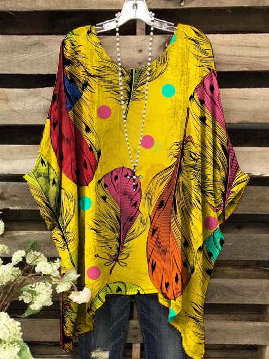 Women'S Polka Dot Abstract Feather Print Casual Top