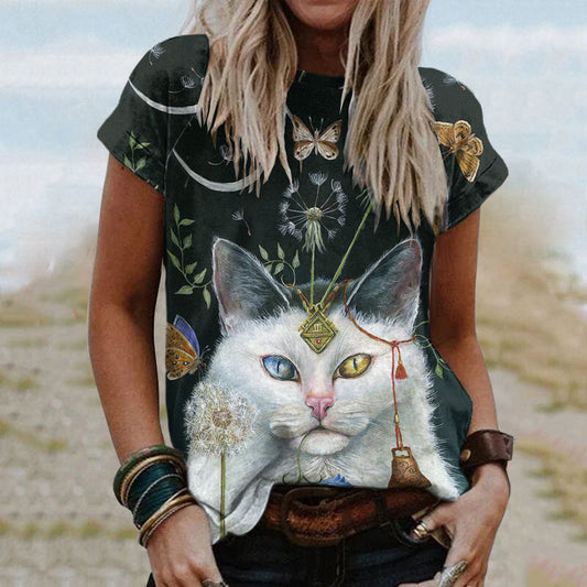 Tribal Viking Cat Print Short Sleeve T-Shirt elevenforest