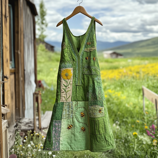 Women's Vintage Bee And Floral Print Sleeveless Dress artswardrobe