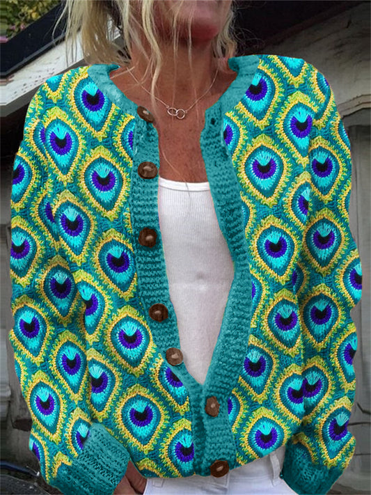 Turquoise Peacock Feathers Crochet Cozy Cardigan artswardrobe
