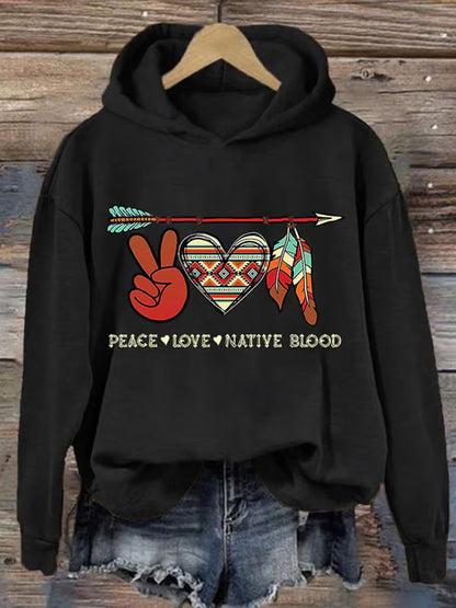 Comstylish Retro Native American Heritage Month Peace Love Native Blood Print Hoodie