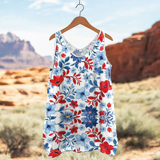 Women's Loose Independence Day American Beauty Floral Linen Sleeveless Tank Top artswardrobe
