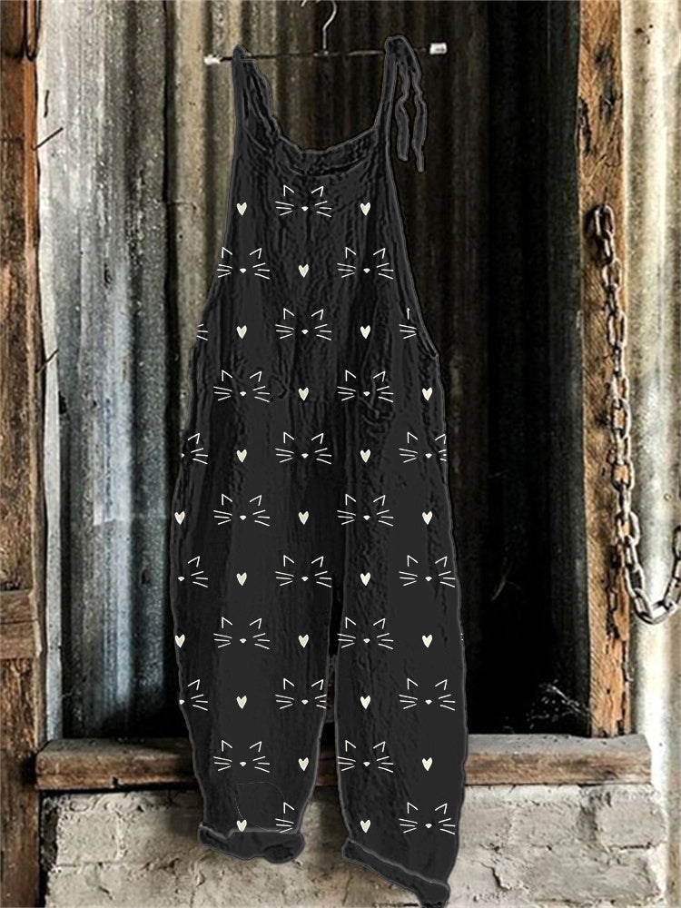 Cute Cat Face Printed Linen Blend Casual Jumpsuit elevenforest