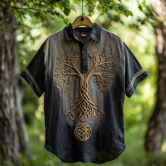 Men's Viking Tree Of Life Embroidery Pattern Lapel Shirt artswardrobe