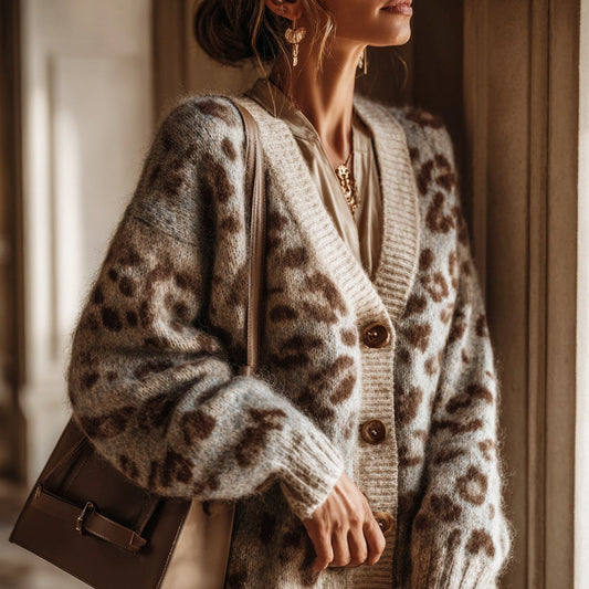 Comstylish Vintage Leopard Pattern V Neck Cozy Knit Cardigan