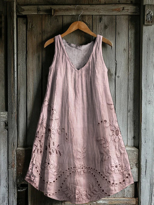 Women's Vintage Floral Texture Patterns Print V-neck Pocket Cotton Dre
