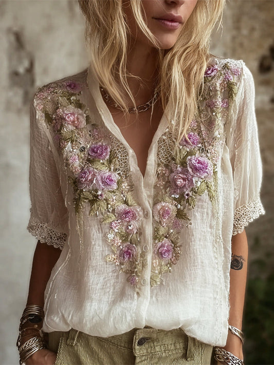 Comstylish Boho Lace Floral Embroidery Women's Linen V-neck Short Sleeve Shirt
