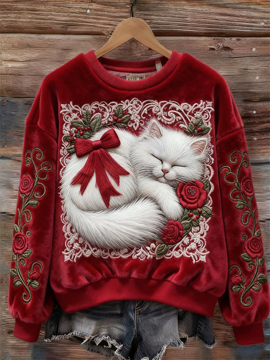 Classy Christmas Fuzzy Cat & Roses Embroidered Cozy Plush Sweatshirt elevenforest