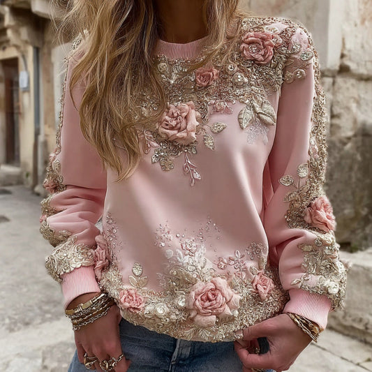 Comstylish Women's Pink Rose Embroidery Art Round Neck Long Sleeve Sweatshirt