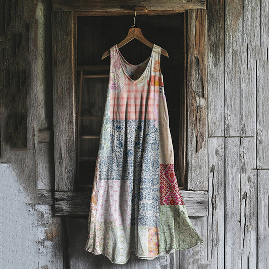 Comstylish Vintage Tribal Pattern Patchwork Art Linen Tank Dress