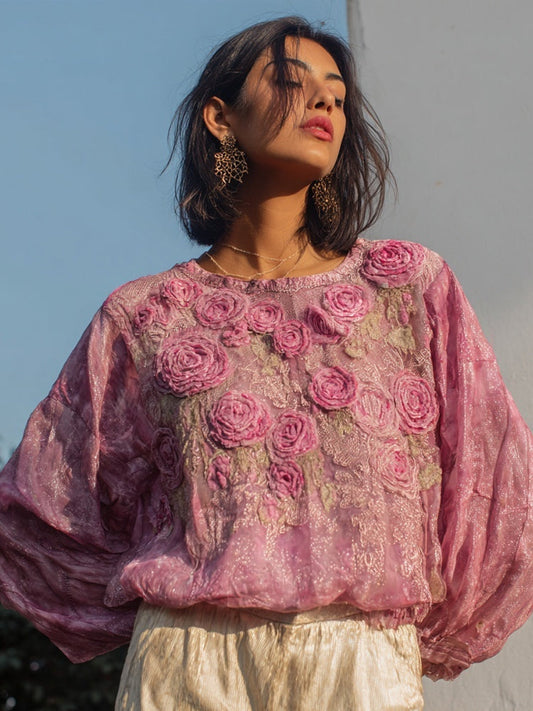 Vintage Pink Lace Rose Embroidered Glitter Linen Shirt artswardrobe
