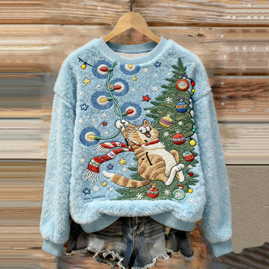 Comstylish Women's Christmas Cat Embroidery Art Comfort Plush Sweatshirt