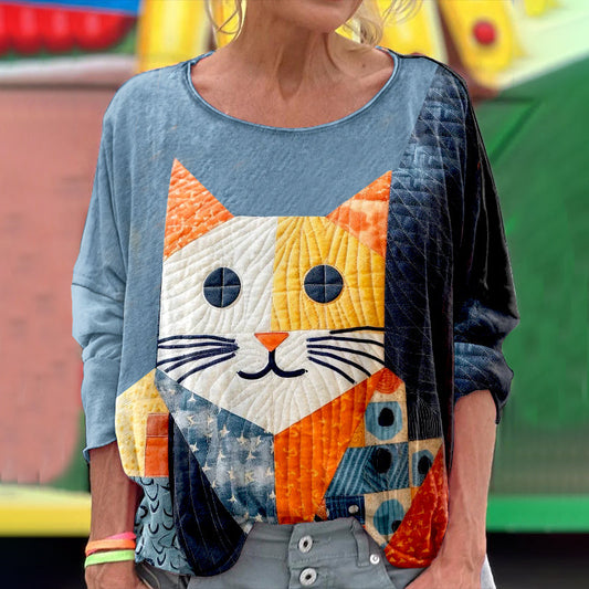 Women's Cute Cat Patchwork Art Long Sleeve T-shirt elevenforest