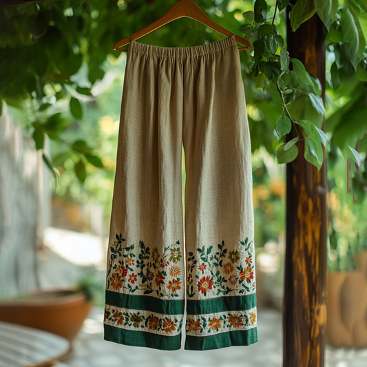 Embroidered Flower Linen Blend Wide Leg Casual Pants artswardrobe