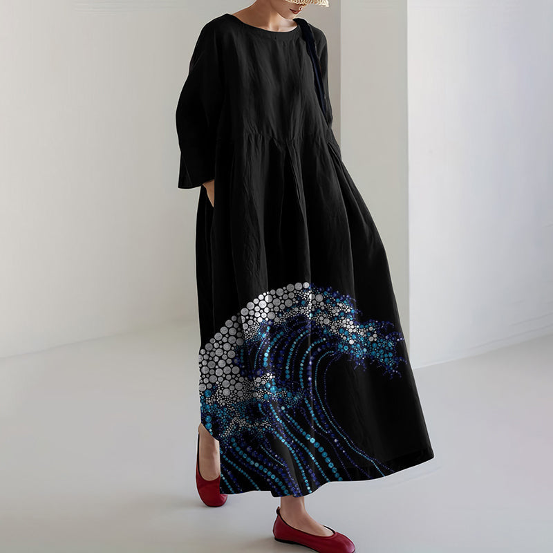 Comstylish Women Japanese Art Sea Linen Blend Maxi Dress
