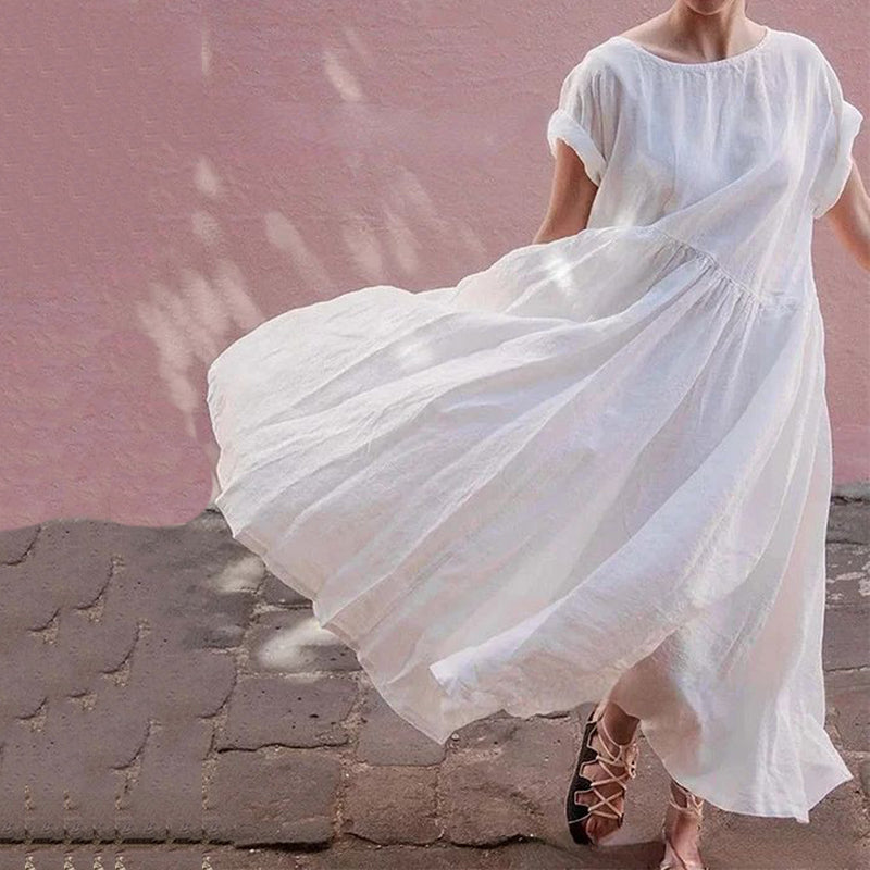 Vintage Solid Color Cotton Linen Short Sleeve Comfy Maxi Dress artswardrobe