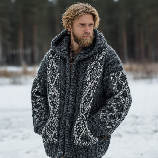 Men's Vintage Fairman Island Jacquard Warm Hooded Sweater Cardigan artswardrobe