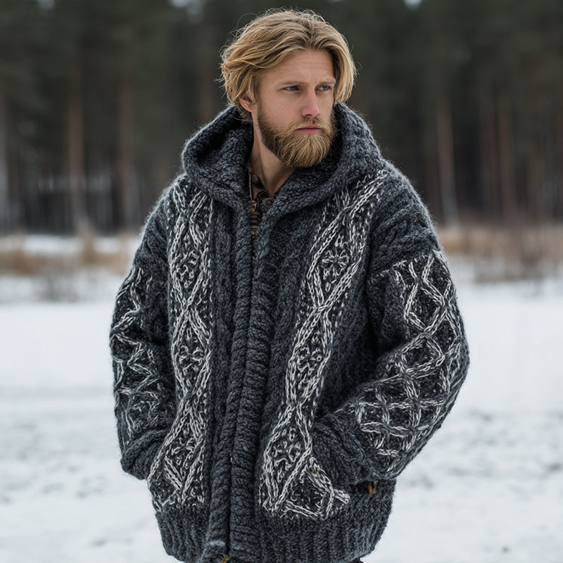Men's Vintage Fairman Island Jacquard Warm Hooded Sweater Cardigan elevenforest