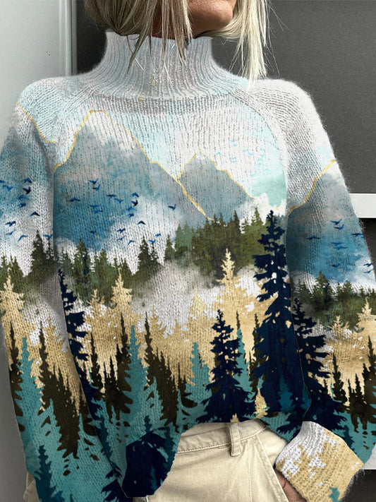 Comstylish Women's Casual Outdoor Landscape Forest Print Sweater