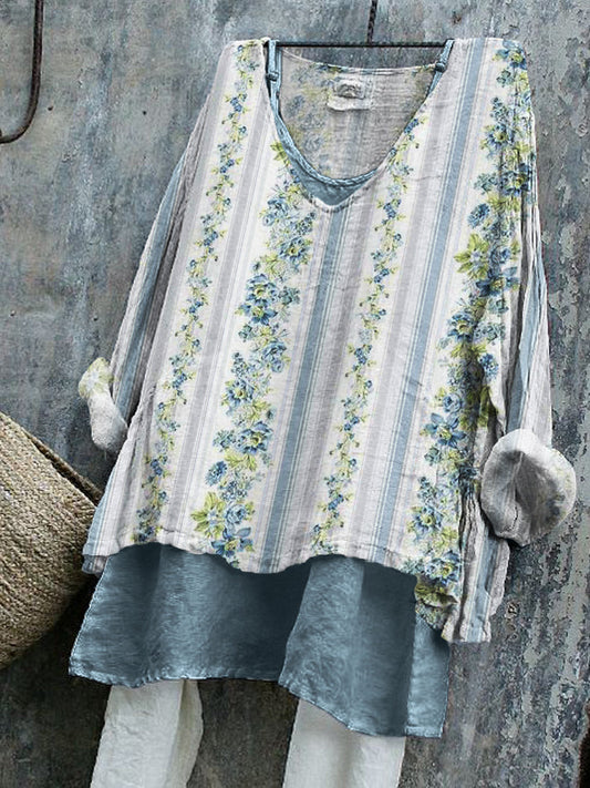 Vintage Floral Striped Pattern Linen Tunic artswardrobe