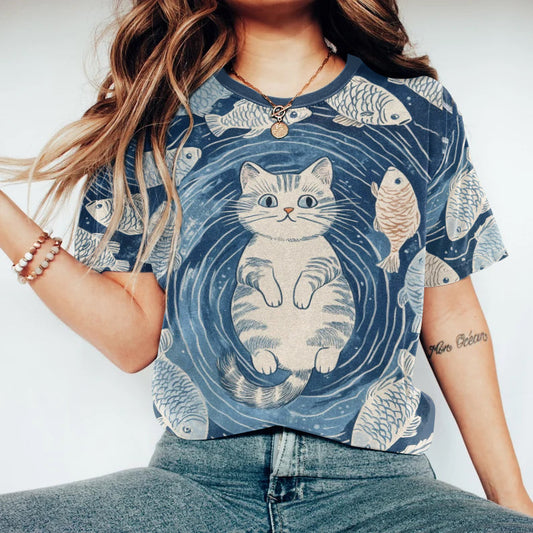 Abstract Creative Cute Cat And Fish Art Print Cotton Graphic T-shirt elevenforest