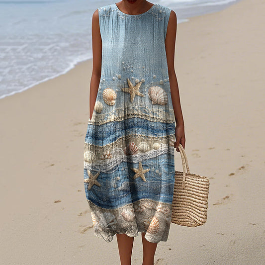 Vintage Loose Starfish & Sea Shells Sea Waves Art Sleeveless Cotton And Linen Tank Dress artswardrobe
