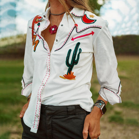 Comstylish Casual Fun Cactus Western Style Contrasting Colors Rodeo Long Sleeve Shirt