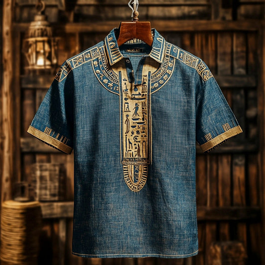 Vintage Egyptian Totem Print Men's Linen Short Sleeve Shirt artswardrobe