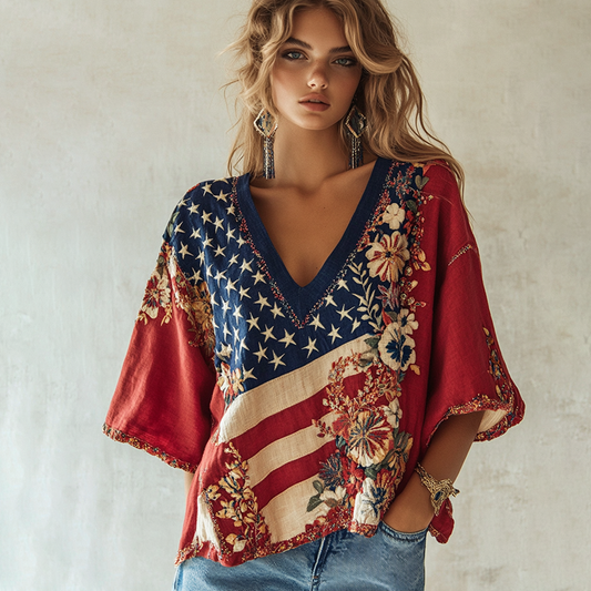 Women's Independence Day Floral Flower Art Linen Blend V-neck T-shirt artswardrobe