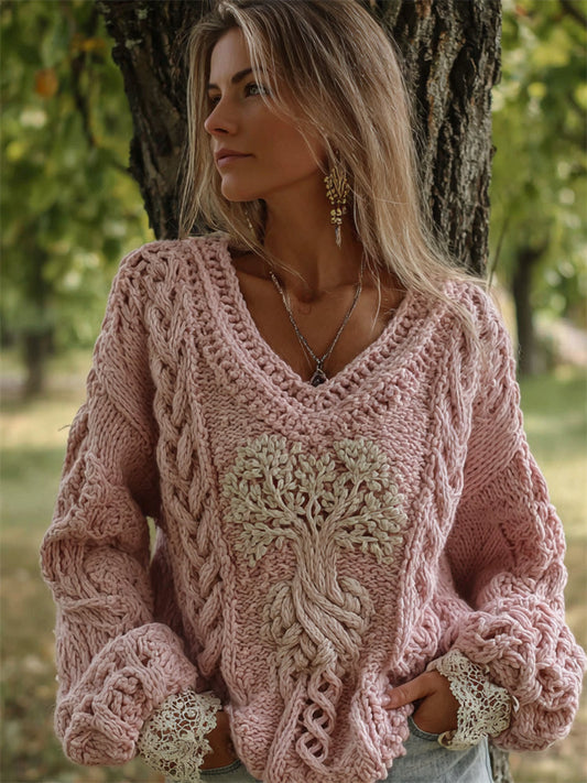 Vintage Pink Tree Of Life V Neck Cozy Cable Knit Sweater