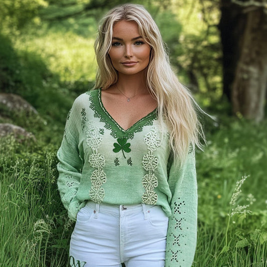 Women's St. Patrick's Shamrock Celtic Knot Blend Linen V-neck Shirt artswardrobe