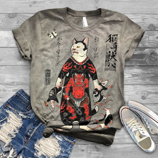 Japanese Style Exterminate Mouse Cat Monster Print Crew Neck Cozy Vintage T-Shirt elevenforest