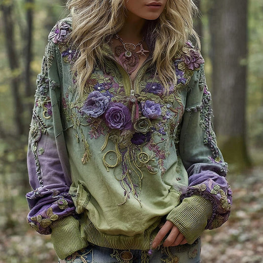 Women's Vintage Floral Embroidery Pattern Warm Zip-up Sweatshirt artswardrobe