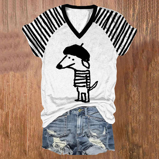 Comstylish Cute Dog Print V-Neck Short Sleeved T-Shirt