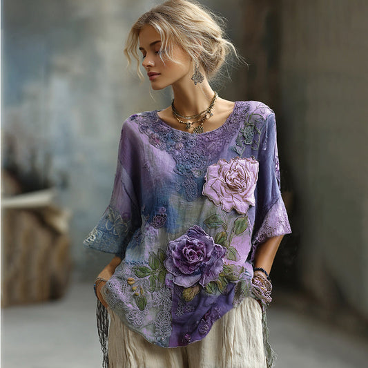 Vintage Bohemian Embroidered Floral Patchwork Linen T-shirt artswardrobe