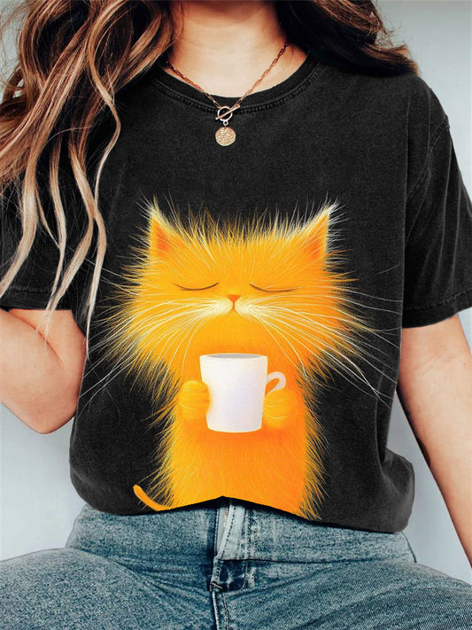 Cute Furry Cat Print T-Shirt elevenforest