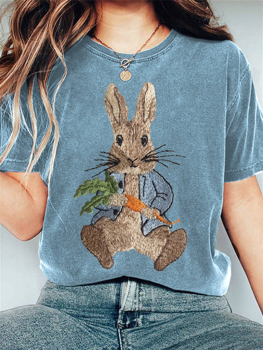 Cute Bunny Embroidery Pattern Casual T-Shirt artswardrobe