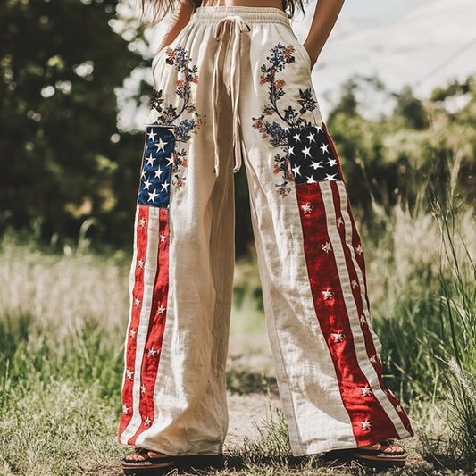 Women's Vintage Independence Day Floral Embroidery Patchwork Design  Linen Wide Leg Pants artswardrobe