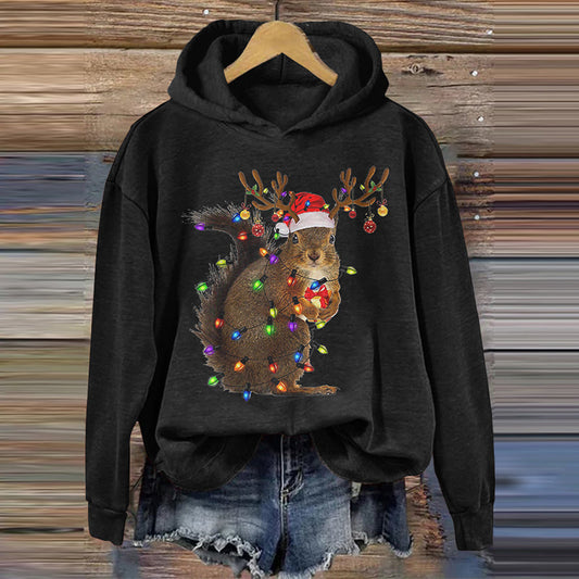 Comstylish Christmas Squirrel Lights Print Hoodie