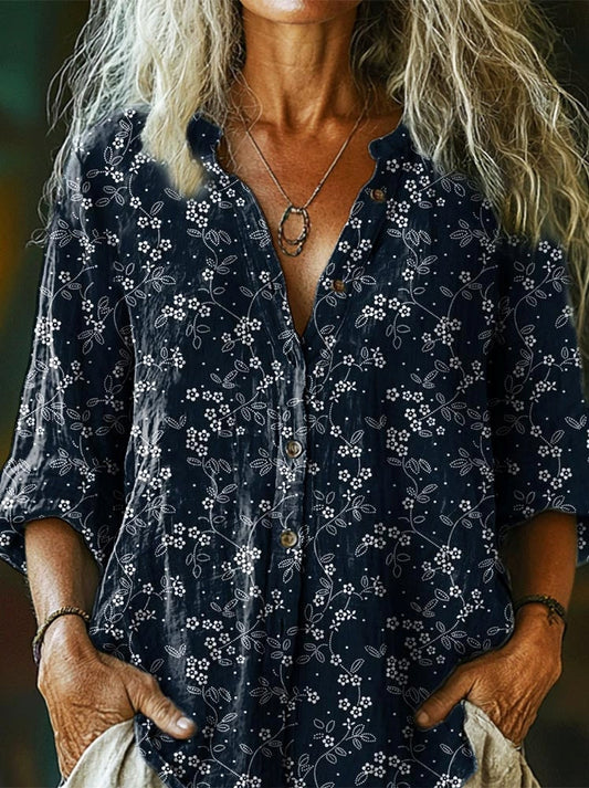 Women's Simple Flower Art Print Casual Cotton Linen Shirt
